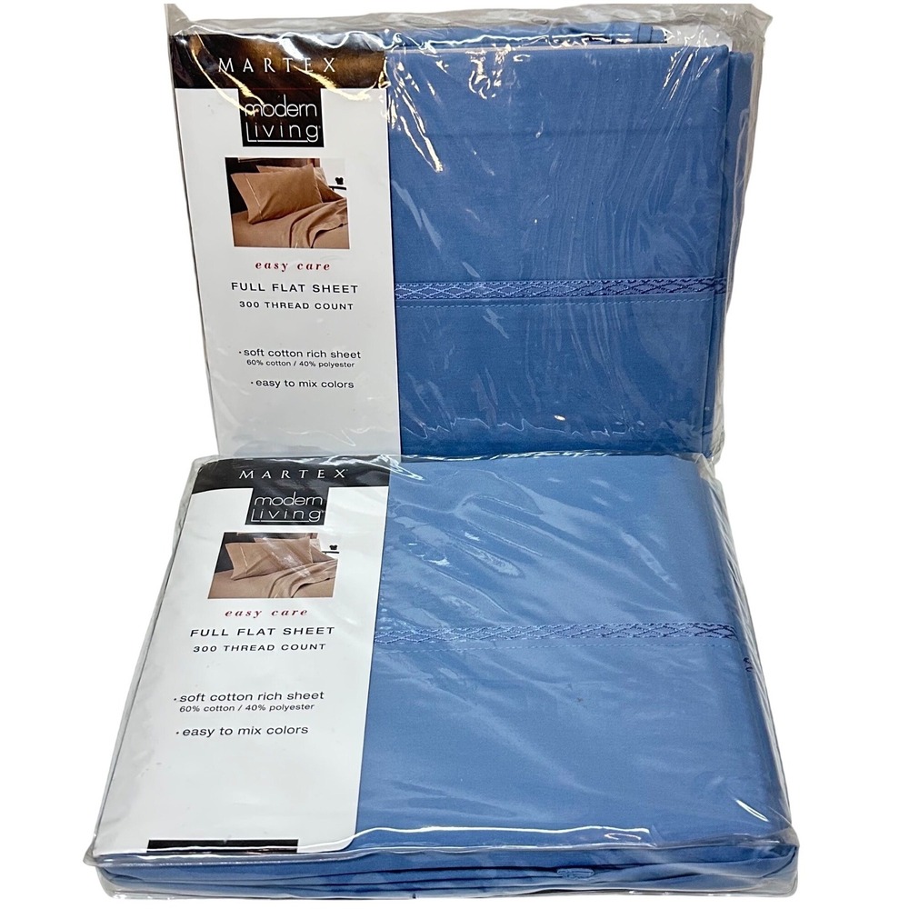 Martex Modern Living Full Flat Sheet 300 TC Blue Cotton Rich Set of 2 New